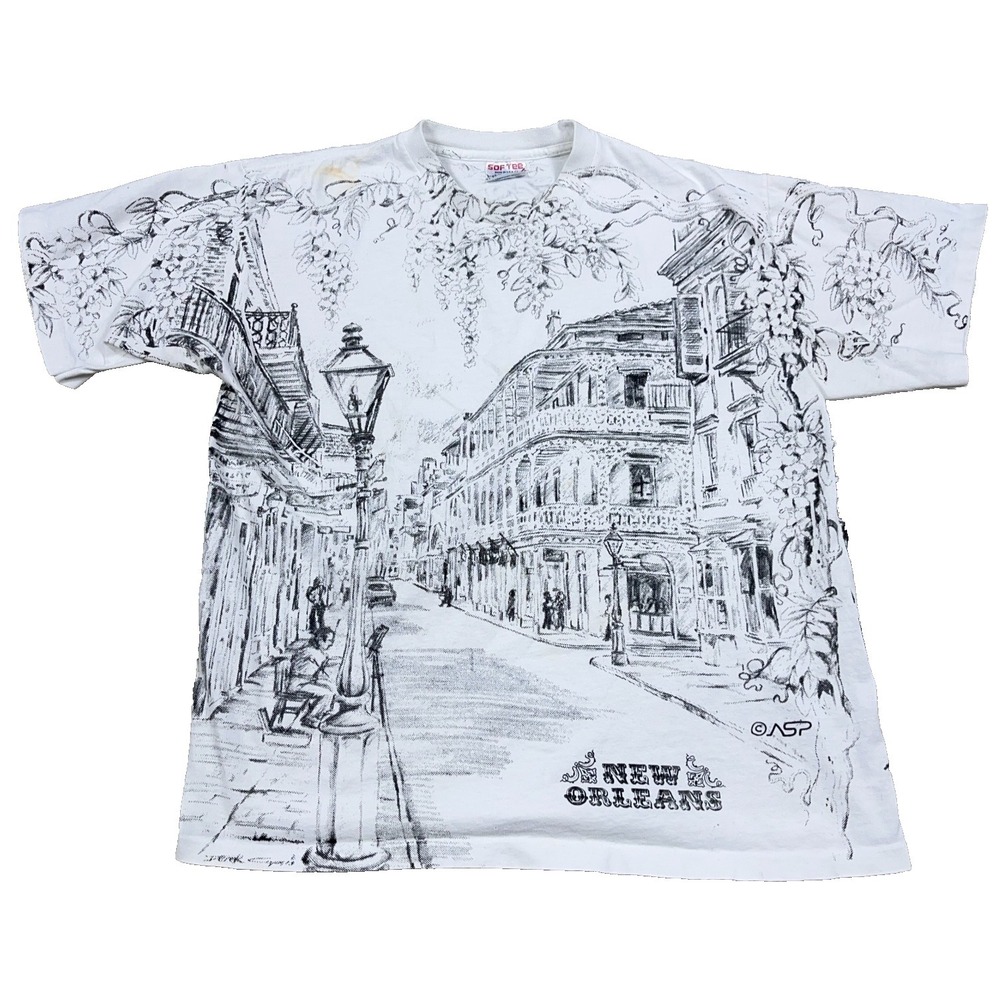 Vintage New Orleans  Shirt Men XL White Tee AOP All Over Print Bourbon Street *